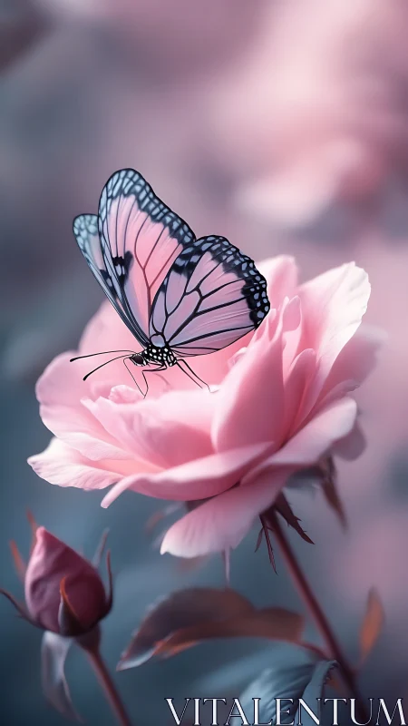 Pastel butterfly resting on dewy rose in dreamy light.