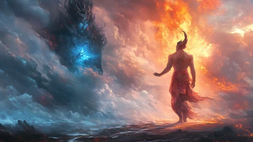 Elemental deity confronts colossal storm spirit in flames.