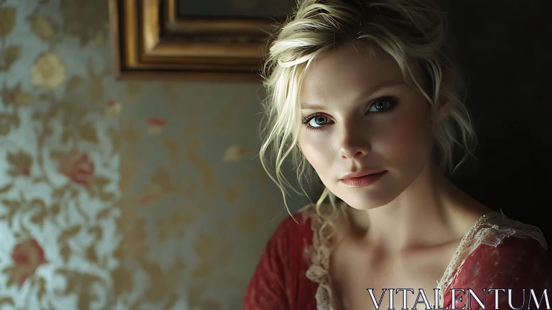 Blonde woman in soft interior light against floral wall decor.