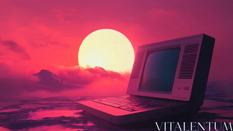 Retro computer before neon sunset in misty dreamscape.