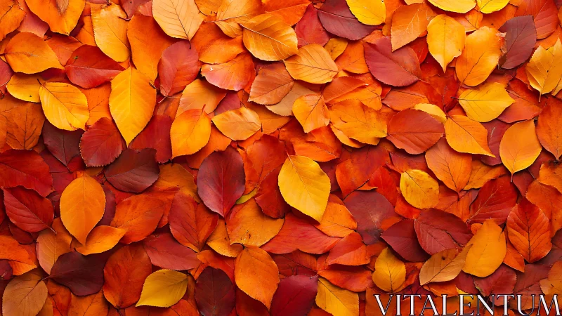 Sunlit carpet of cozy orange and red autumn leaves.