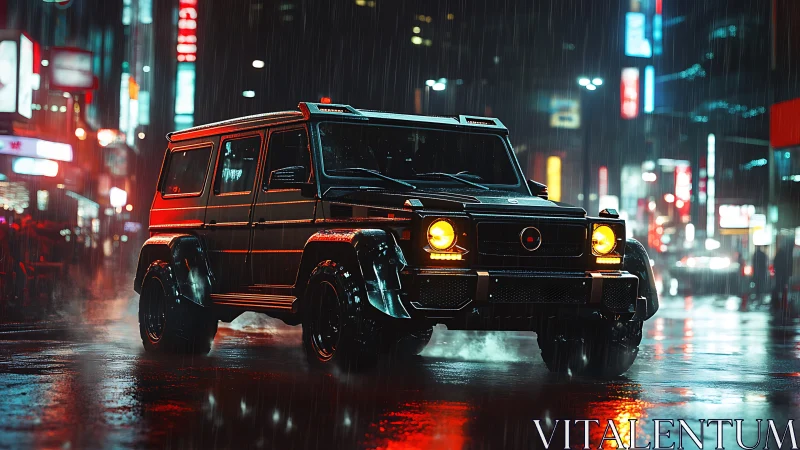 Lifted black SUV dominates neon city street in rain.
