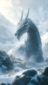 Frost crowned dragon pauses as winter mountains hold their breath