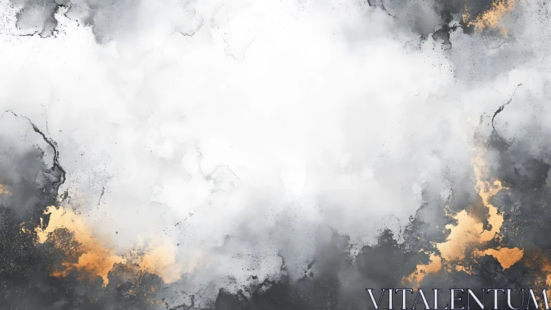 Monochrome ink clouds frame luminous gold abstract center field