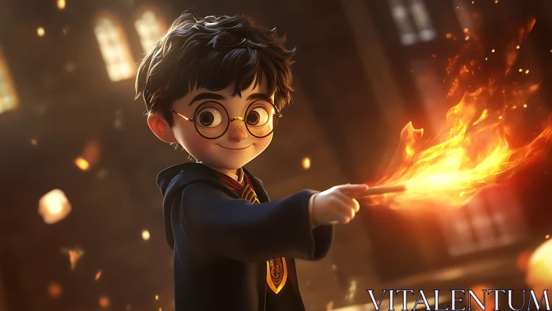 Young wizard sparks a playful blaze in golden hall warmth.