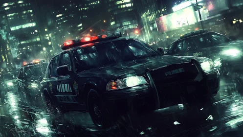 Police cruisers race through rain slick neon city streets