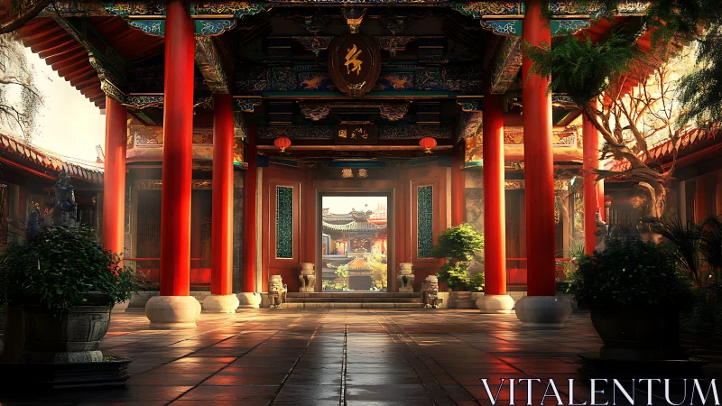 Traditional Chinese courtyard with red columns and plants.