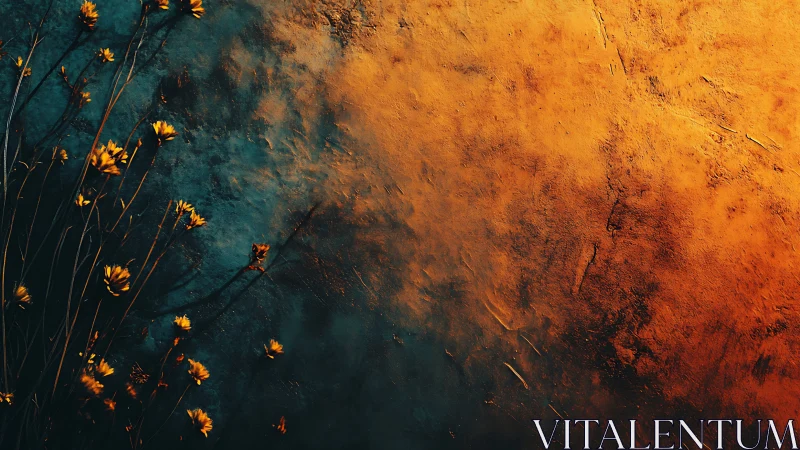 Chromatic Gradient Transition: Teal-to-Orange Textural Palimpsest with Botanical Elements.