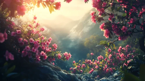 Sunlit mountain valley framed by vivid pink blossoms.