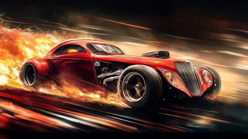 Blazing red hot rod surging through stylized firestorm streets.