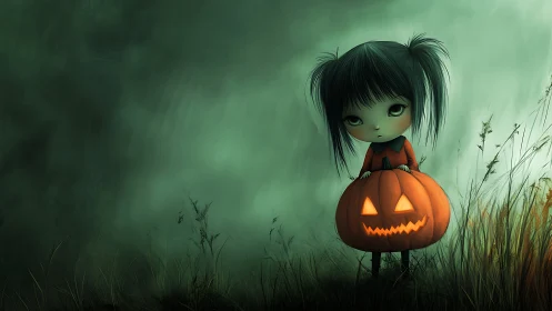 Sad dark haired girl holding glowing jack o lantern outdoors.
