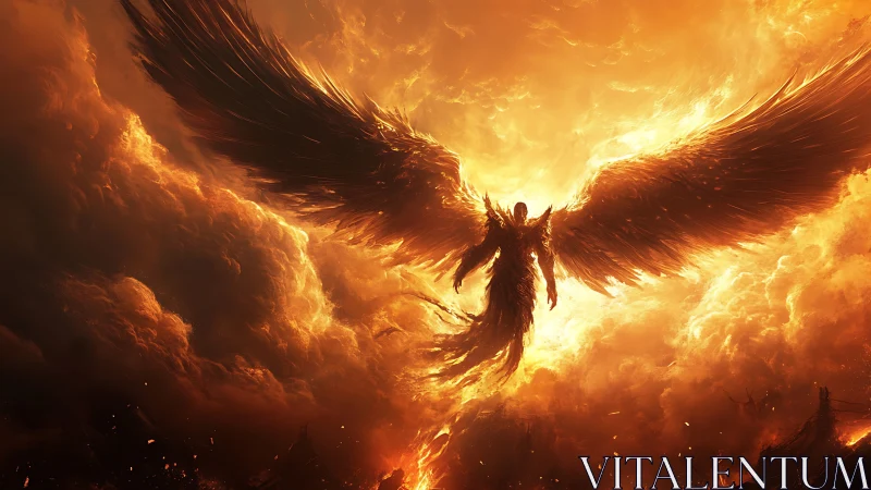Apocalyptic fire angel in radiant sky-centered composition.