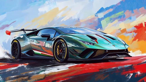 Lamborghini GT race car on abstract painted track background