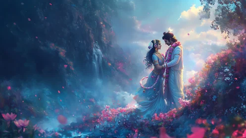 Ethereal Indian couple in mystical flower-draped fantasy landscape
