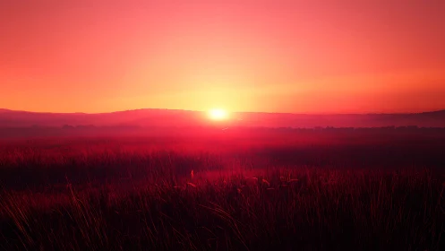 Digital painting sunset over crimson grassland horizon field.