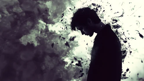 Silhouetted man dissolves into abstract smoky fragments.