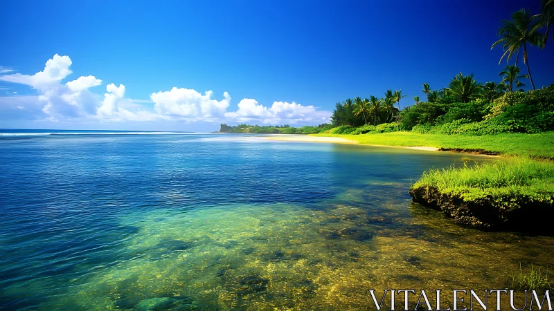 Tropical lagoon curves toward bright horizon under clear sky