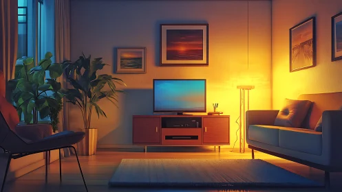 Living room interior shows mixed warm and cool lighting balance