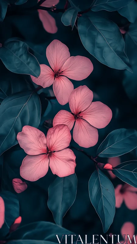 Pink Flowers in Teal Shadows.