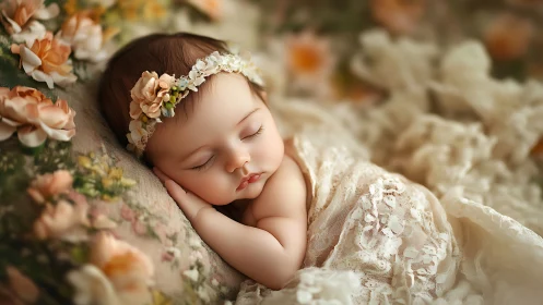 Sleeping Newborn with Floral Crown in Lace Wrappings.