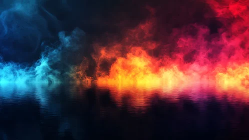 Colorful fire and smoke over dark reflective water surface.