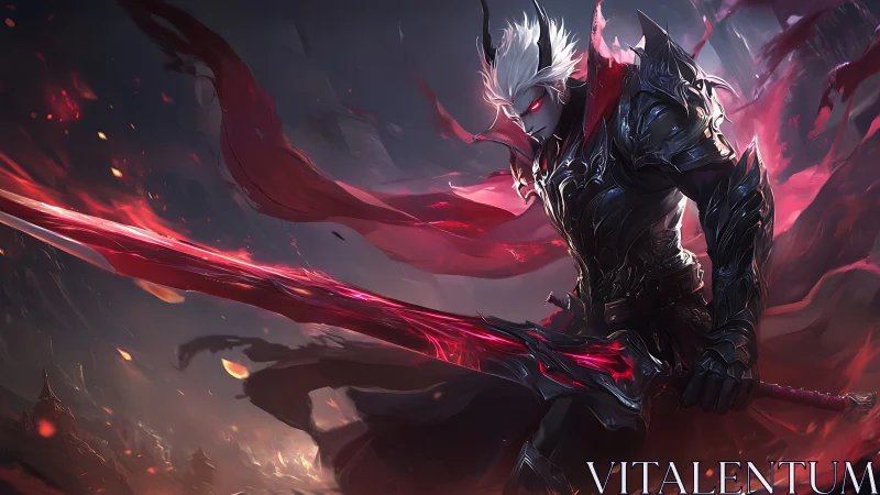 Demonic swordsman in ornate black armor channels red spectral energy