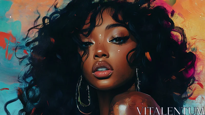 Curly haired woman faces viewer against colorful painted backdrop