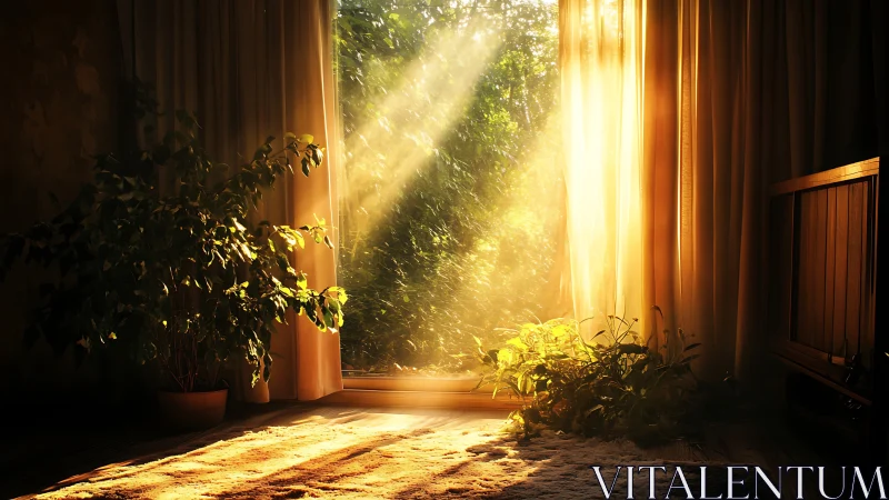 Sunlit indoor greenery with golden curtains and soft haze.