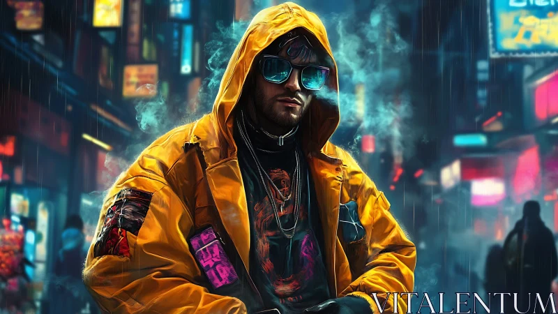 Neon‑lit cyberpunk drifter in reflective yellow rain shell.
