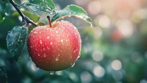 Dew-covered red apple hangs from branch in soft sunrise glow.