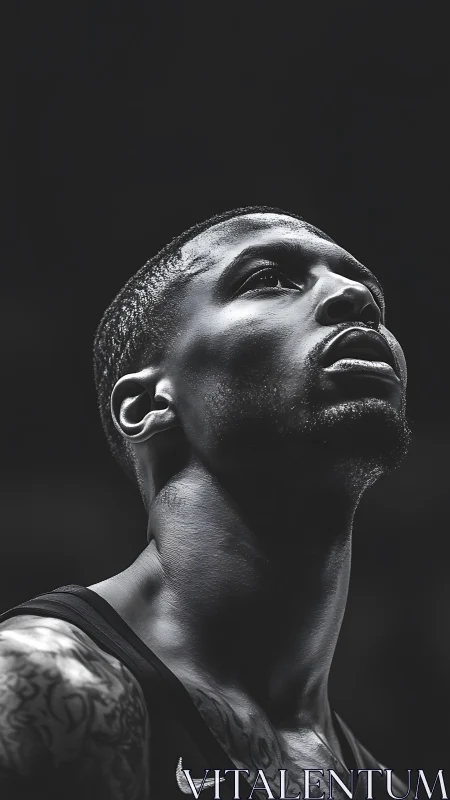 Monochrome closeup of focused basketball player portrait.