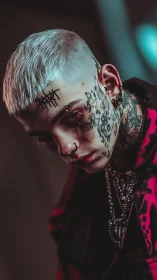 Close-up portrait of tattooed youth with silver buzz cut lighting