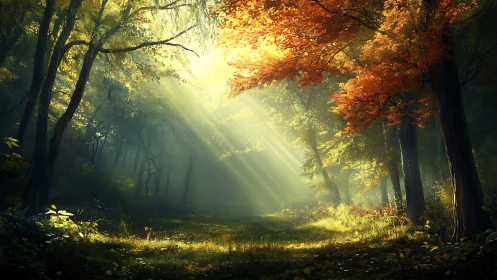 Ethereal Forest Canopy with Golden Crepuscular Rays Through Mist
