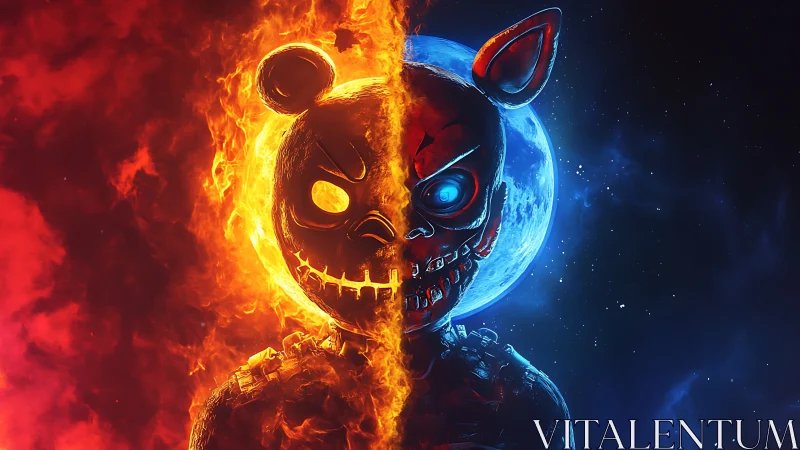 Infernal robotic bear split by fire and cosmic night.