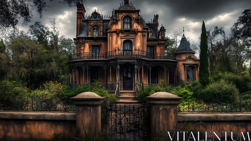 Victorian mansion stands behind wrought iron fence under clouds