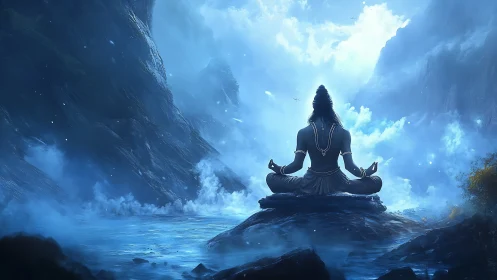 Meditative deity silhouette amid luminous blue mountain mist.