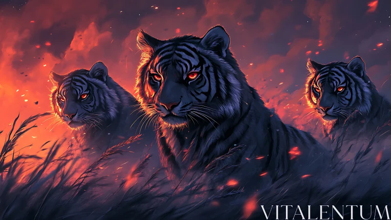 Three Bengal Tigers Ablaze in Inferno Skies