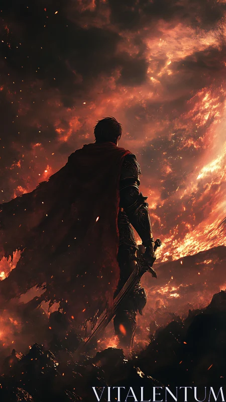 Lone ember knight standing defiant beneath a burning sky.