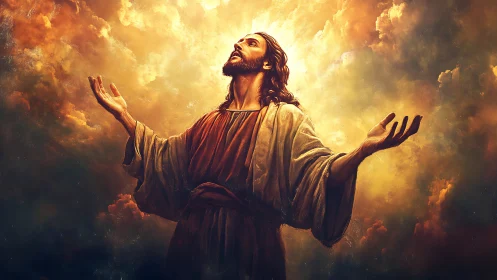 Religious figure with raised arms in glowing golden clouds.