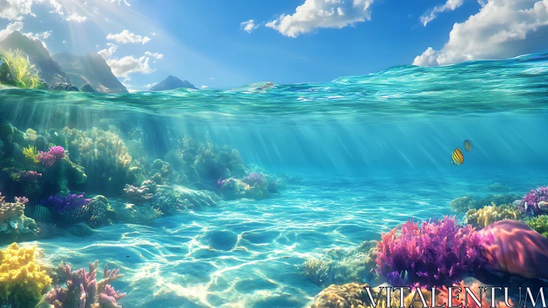 Sunlit coral dreamscape beneath crystal island waters.