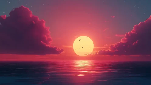 Radiant neon sunset sinking between sculpted rose clouds.