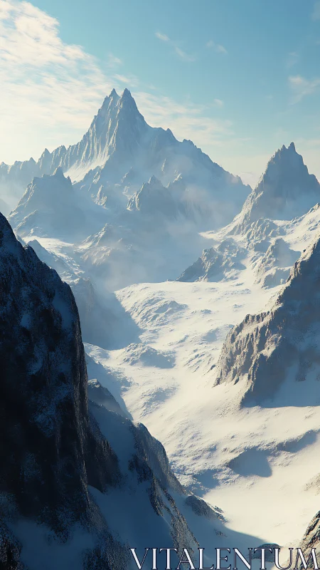 Glaciated mountain range rendered with volumetric light scattering
