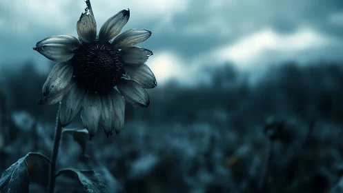 Withered sunflower in muted field under overcast sky.