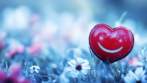 Crimson heart balloon dreams among icy wildflower meadows