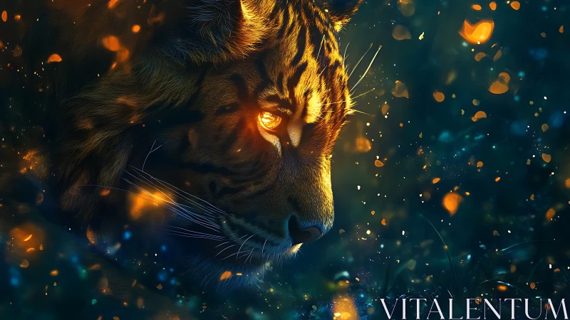 Bioluminescent tiger profile amid ember particles, low key