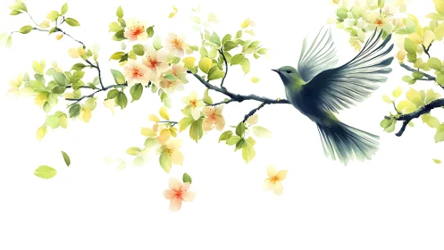 Bird in Flight Among Yellow Flowering Branches