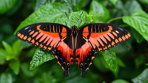 Red-black swallowtail butterfly on glossy green foliage.