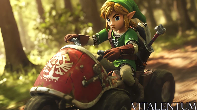 Elf warrior drives quad bike through sunlit forest path