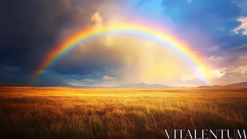 Golden fields welcome a radiant rainbow after soft rain