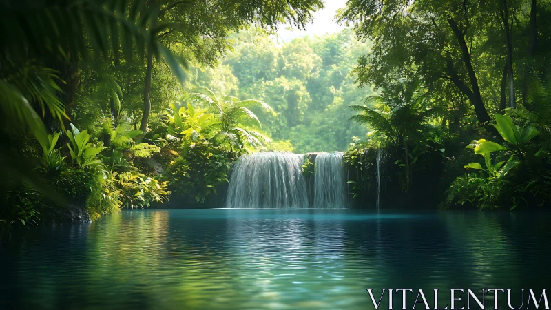 Emerald jungle waterfall cradling a tranquil sapphire lagoon.